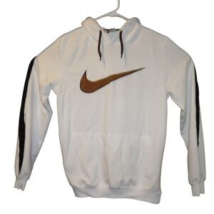 Nike Hoodie White Black Stripe Big Brown Swoosh Pullover‎ Kangaroo Pocket Medium